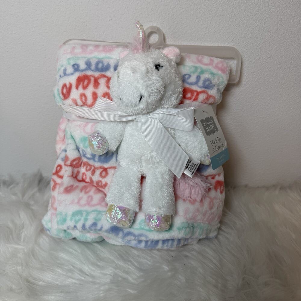 Hudson Baby Infant Girl Plush Blanket 30”x36” w/ Toy, Snuggly Unicorn Lovey NWT